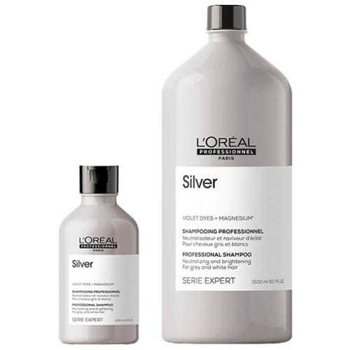 L'Oréal Professionnel Silver Shampoo bottles for grey and white hair, featuring violet dyes and magnesium.