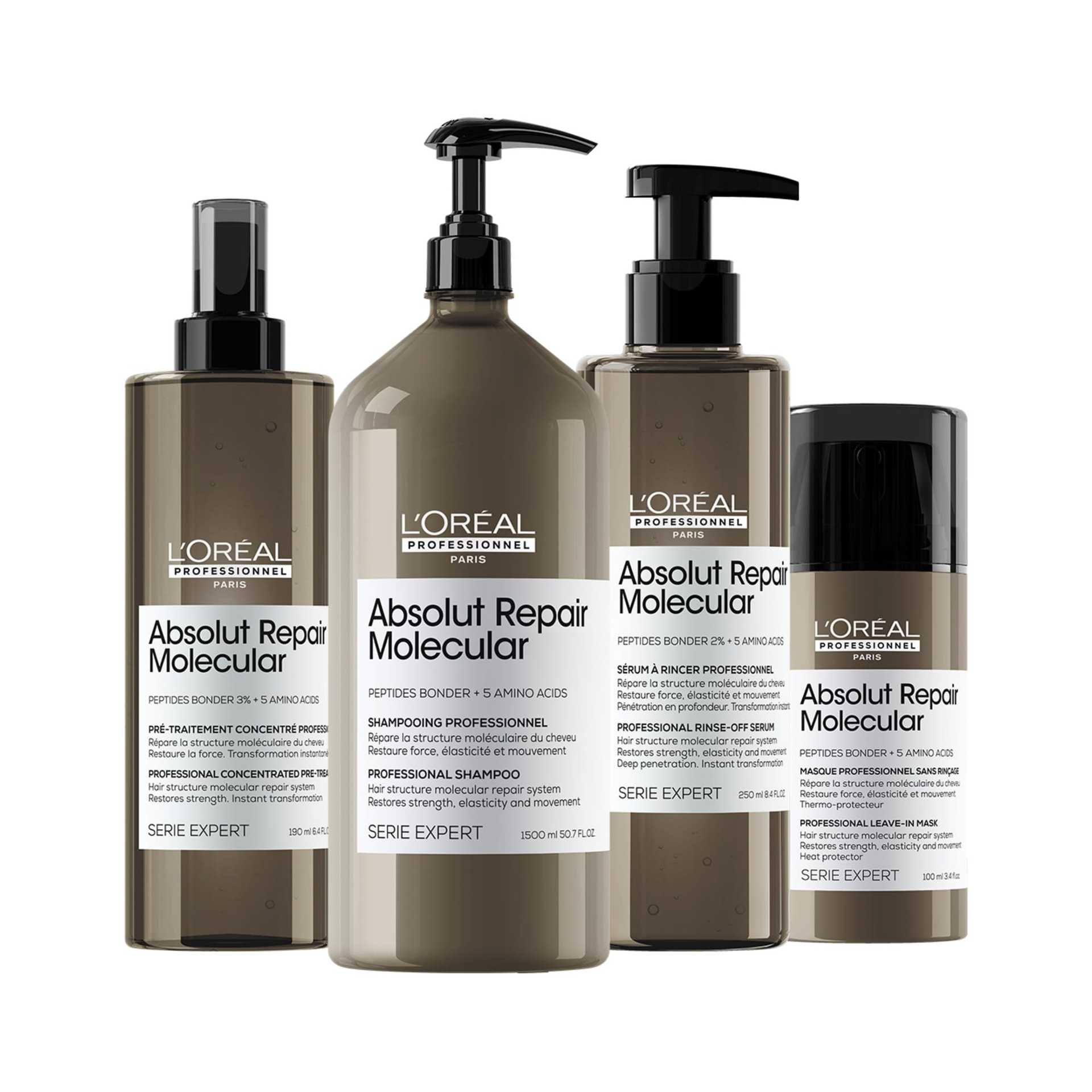 L'Oréal Absolut Repair Molecular haircare products: shampoo, conditioner, and leave-in serum.