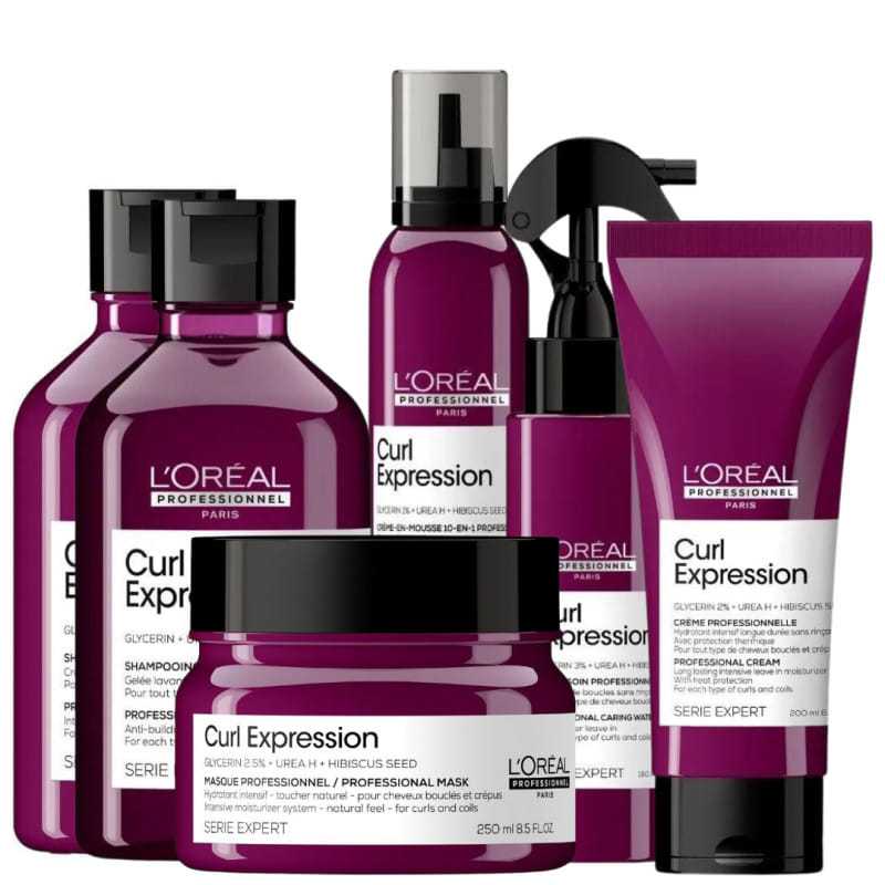 L'Oréal Curl Expression hair products, including shampoo, conditioner, and styling treatments.