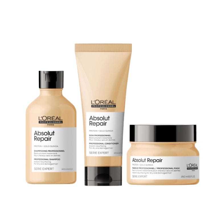 L'Oreal Absolut Repair hair care trio: shampoo, conditioner, and nourishing mask.