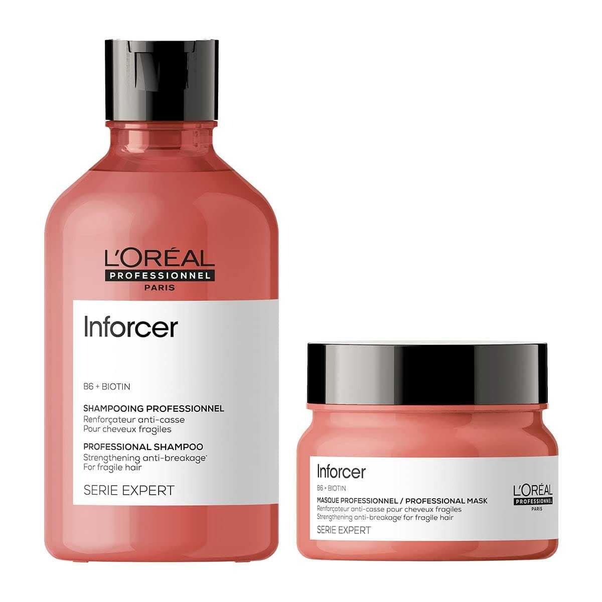 L'Oréal Inforcer Shampoo and Mask for fragile hair in pink packaging.